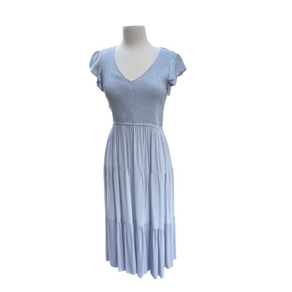 Merokeety Smocked Light Blue Pastel Flowy Long Dress Flutter Sleeve Size M NEW